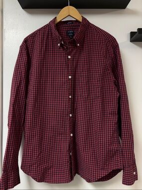 J Crew Slim Untucked Flex  Deep Red/Blue Check Men’s Button Up Long Sleeve Sz XL